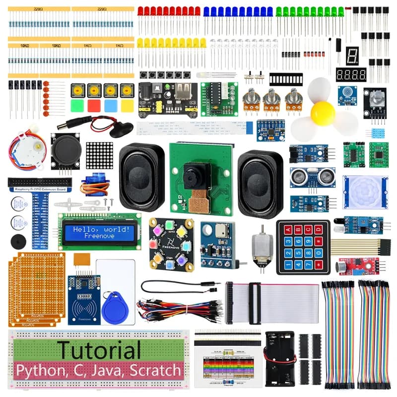 Полный стартовый комплект Freenove для Raspberry Pi 5 4 B 3 B+ 500 Zero 2 W, руководство на 1170 страниц, код обработки царапин Java на Python C, 386 элементов, 164 проекта, динамик камеры