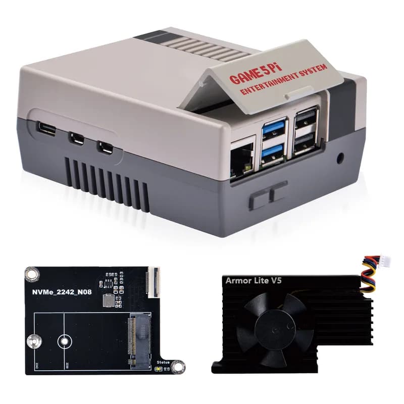 GAME5Pi с платой N08 M.2 NVME PCIE для Raspberry Pi 5, с активным кулером Armor Lite V5