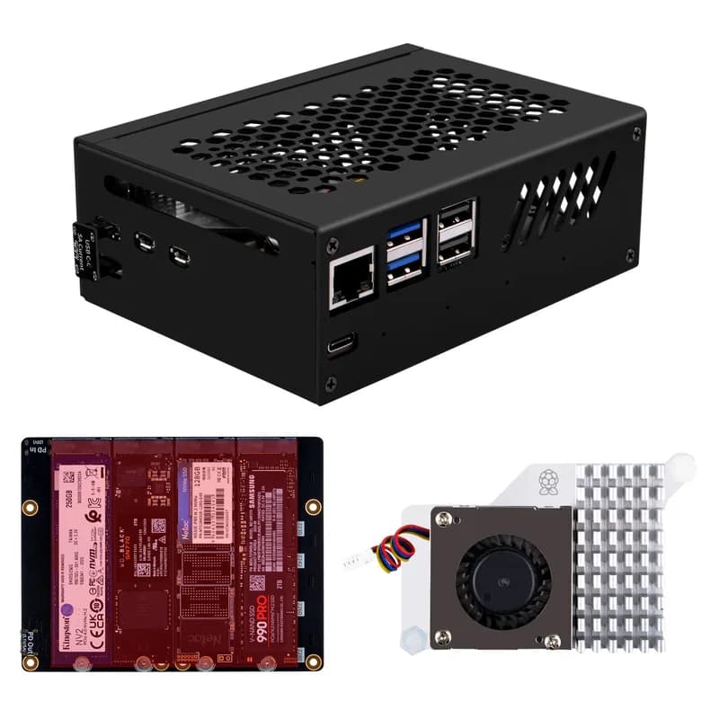 Металлический корпус 52Pi для Raspberry Pi 5, с платой расширения N16 Quad NVMe и активным кулером для Raspberry Pi 5