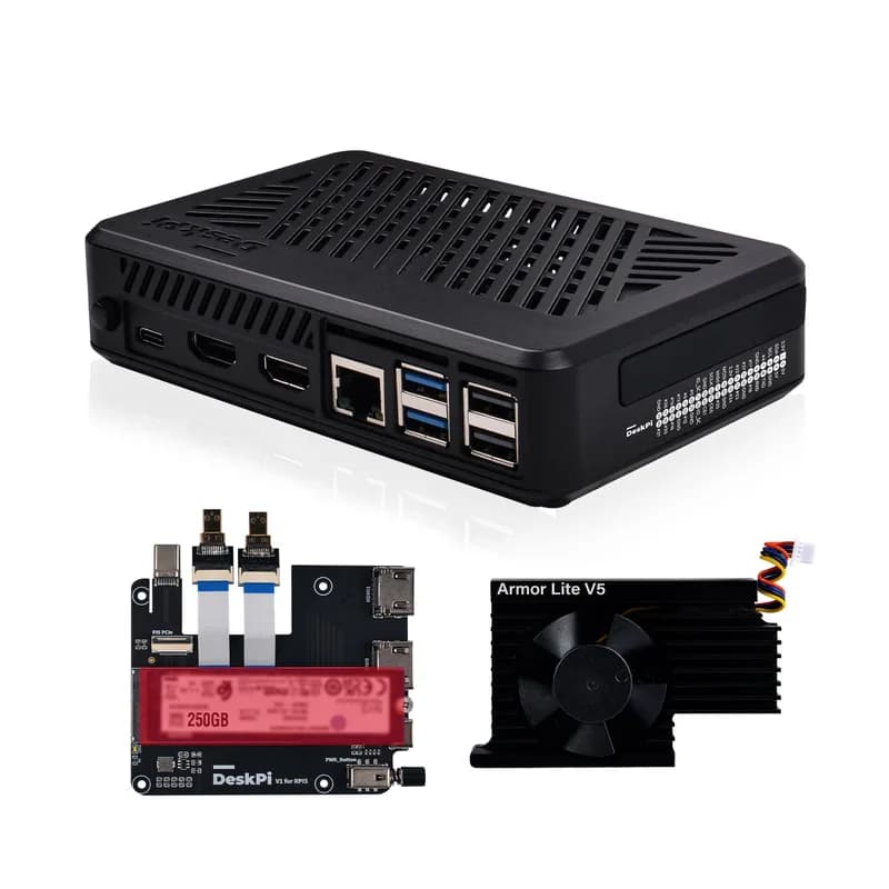 DeskPi Lite для Raspberry Pi 5, с кнопкой питания/радиатором с вентилятором Armor Lite V5/двойным полноразмерным HDMI, поддержкой твердотельного накопителя M.2 NVMe