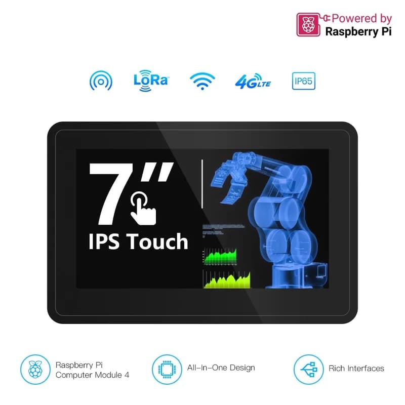 Pi Terminal — 7-дюймовая промышленная панель HMI Raspberry Pi CM4 (IPS, 1024x600) с богатыми интерфейсами, 4G/LoRa/GPS/WiFi/BLE