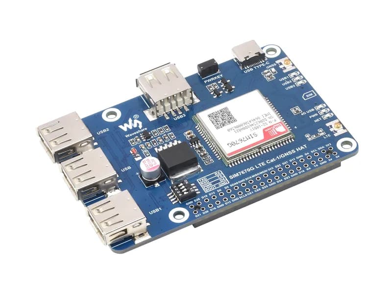 Cat-1/GNSS HAT для Raspberry Pi, на базе модуля SIM7670G, поддержка глобального многодиапазонного LTE 4G Cat-1, позиционирование GNSS, 3 расширенных порта USB 2.0